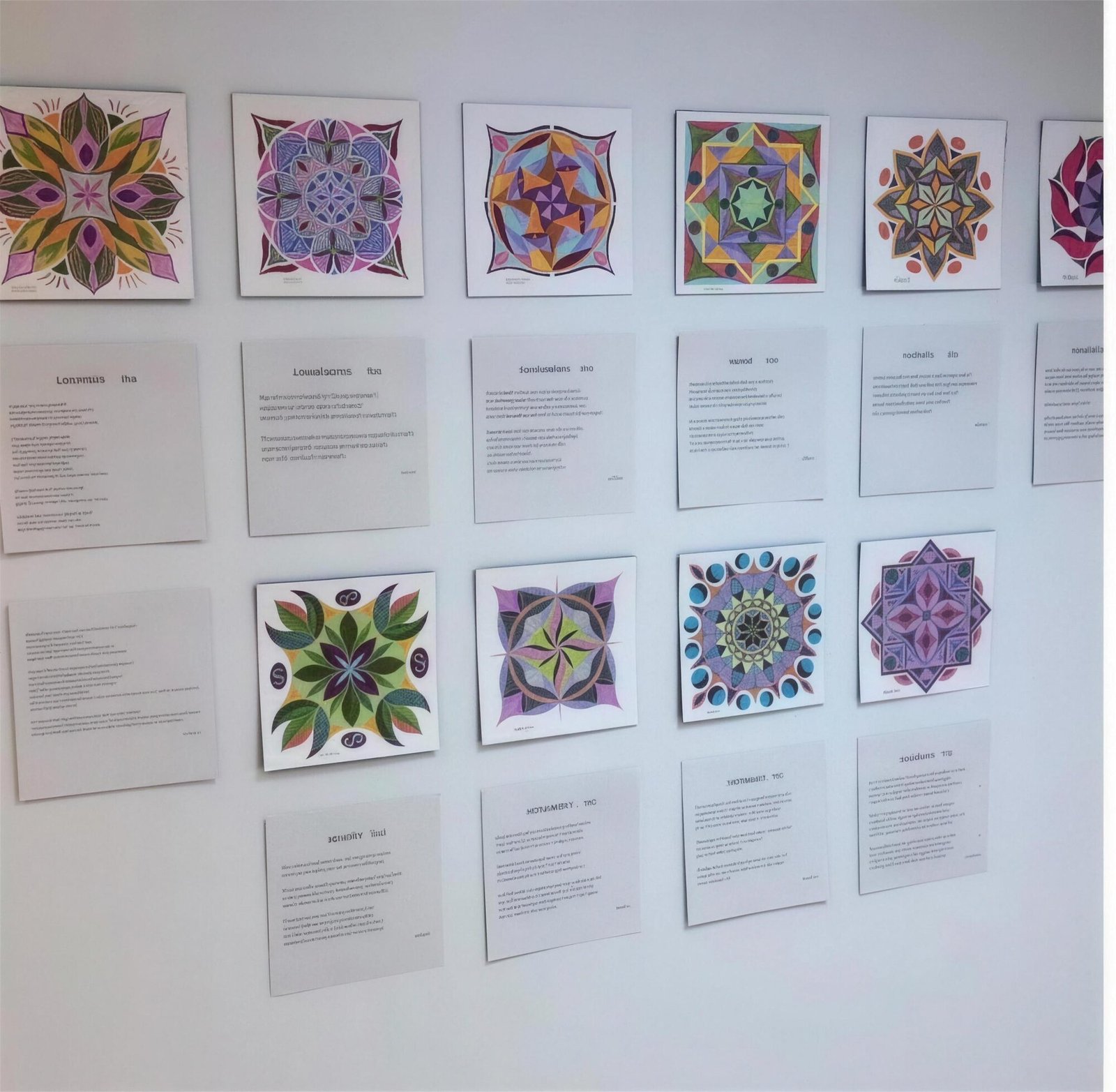Paret de la sala amb els mandales i els poemes que els acompanyen