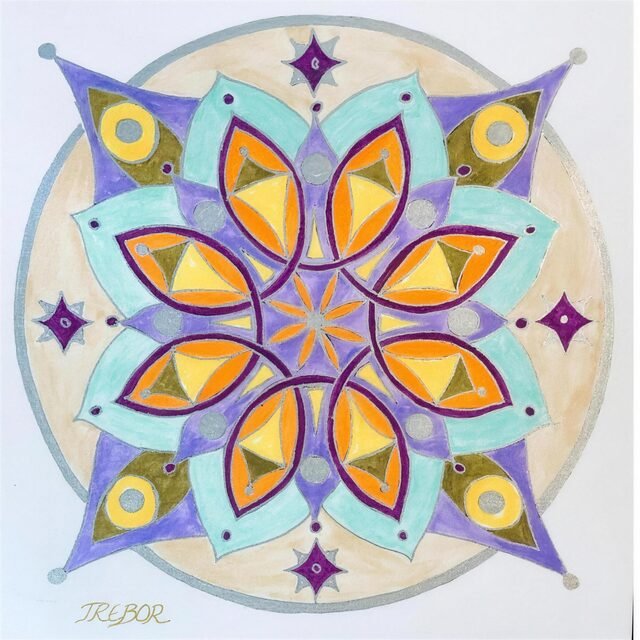 Mandala original de TREBOR en tons blaus i taronges