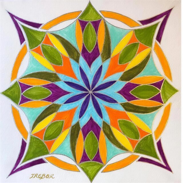 Mandala original de TREBOR en morat, verd i taronja