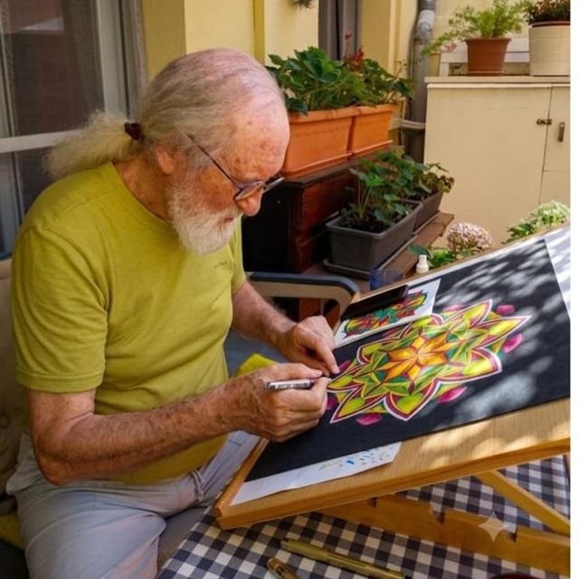 L'artista pintant un mandala al seu taller