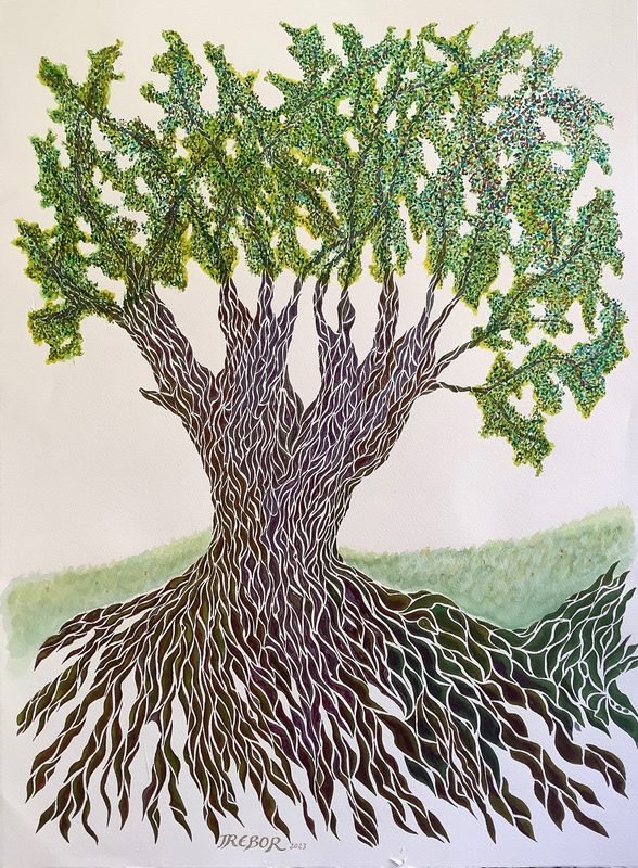 Figura femenina que es converteix en arbre, en verds i marrons
