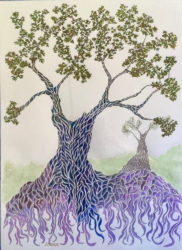 Arbre gran de mosaic lila amb un arbre petit al costat