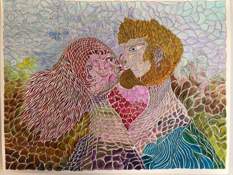 Dues figures de perfil que es besen, en mosaic de color